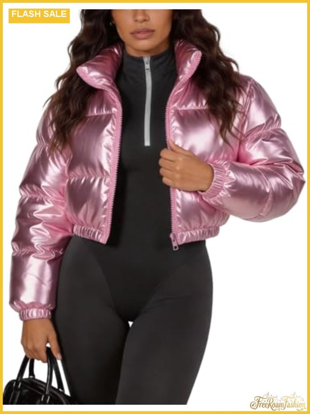 Women's Shiny Cropped Puffer Jacket Y2K Metallic Quilted Winter Coat